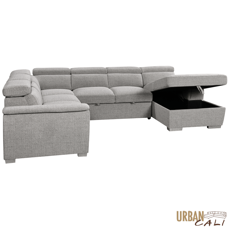 Urban Cali Sectional Bel Air 123.5" Wide Large Modular Sleeper Sectional Sofa Bed with Storage Chaise in Thora Stone