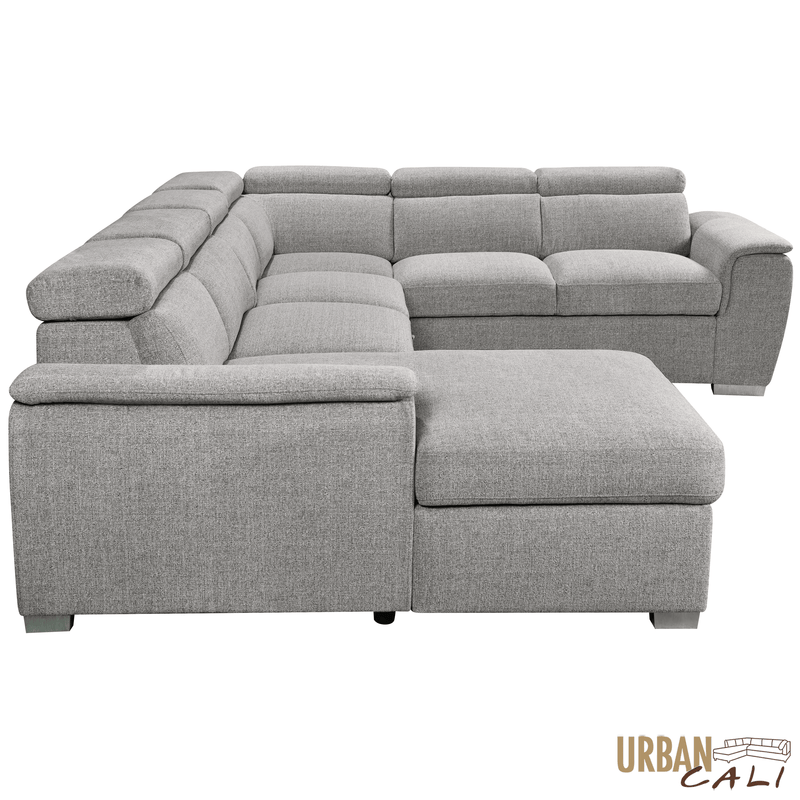 Urban Cali Sectional Bel Air 123.5" Wide Large Modular Sleeper Sectional Sofa Bed with Storage Chaise in Thora Stone