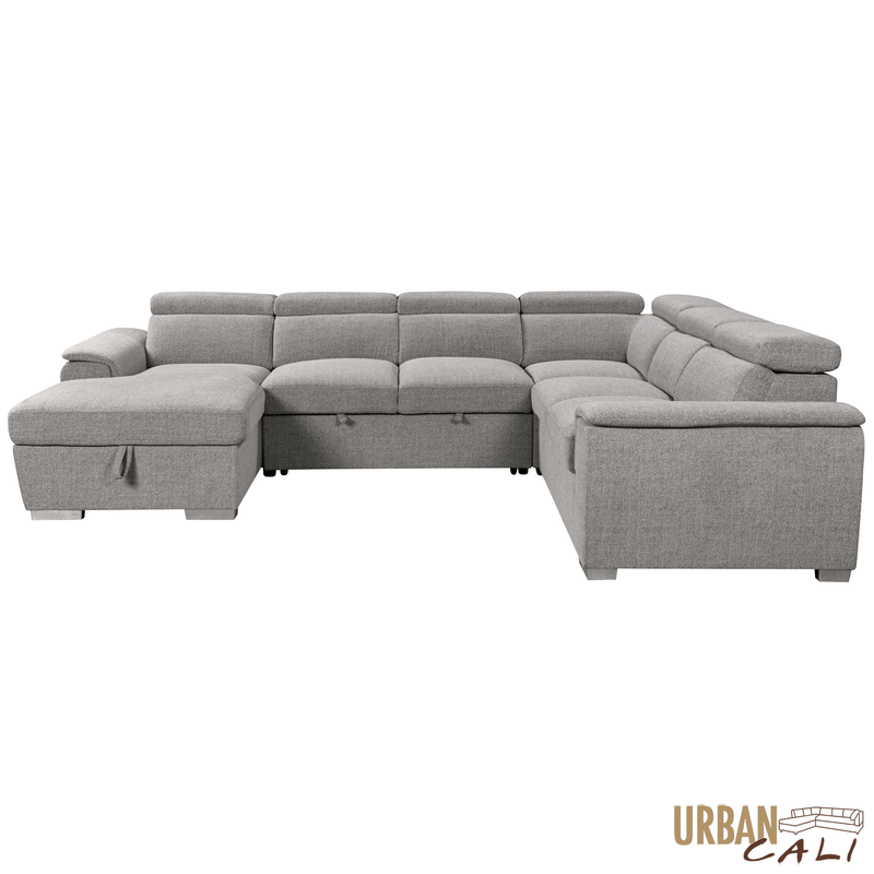 Urban Cali Sectional Bel Air 123.5" Wide Large Modular Sleeper Sectional Sofa Bed with Storage Chaise in Thora Stone