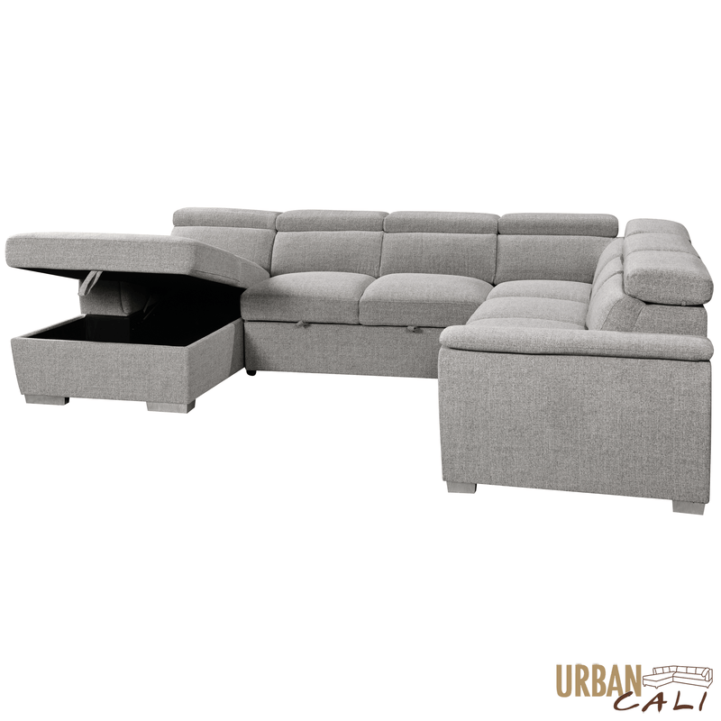 Urban Cali Sectional Bel Air 123.5" Wide Large Modular Sleeper Sectional Sofa Bed with Storage Chaise in Thora Stone