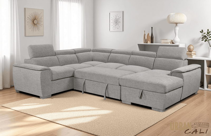 Urban Cali Sectional Bel Air 123.5" Wide Large Modular Sleeper Sectional Sofa Bed with Storage Chaise in Thora Stone