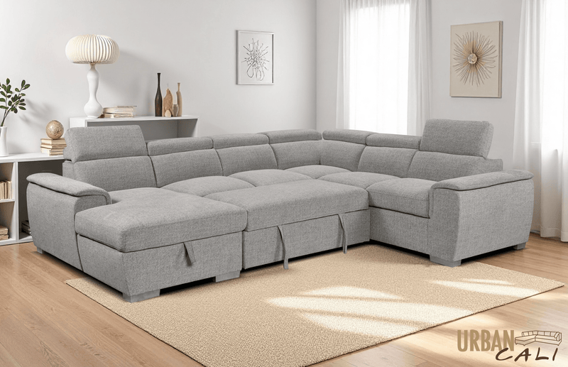 Urban Cali Sectional Bel Air 123.5" Wide Large Modular Sleeper Sectional Sofa Bed with Storage Chaise in Thora Stone
