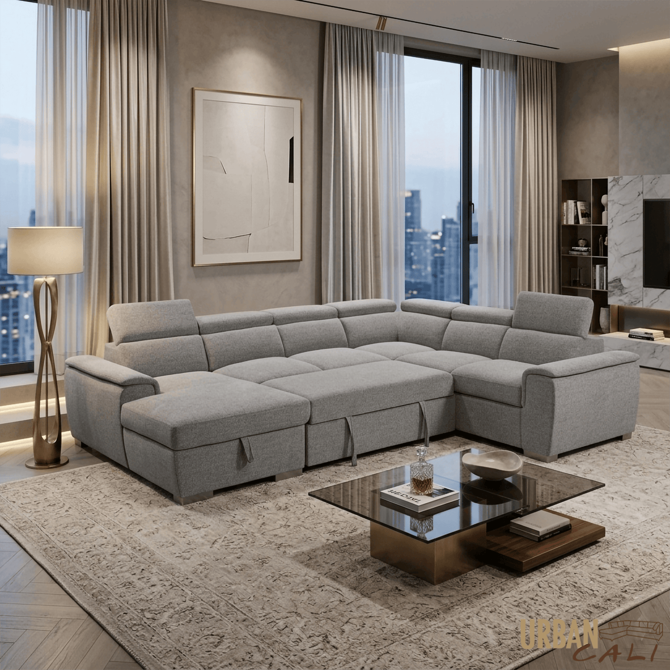 Urban Cali Sectional Bel Air 123.5" Wide Large Modular Sleeper Sectional Sofa Bed with Storage Chaise in Thora Stone