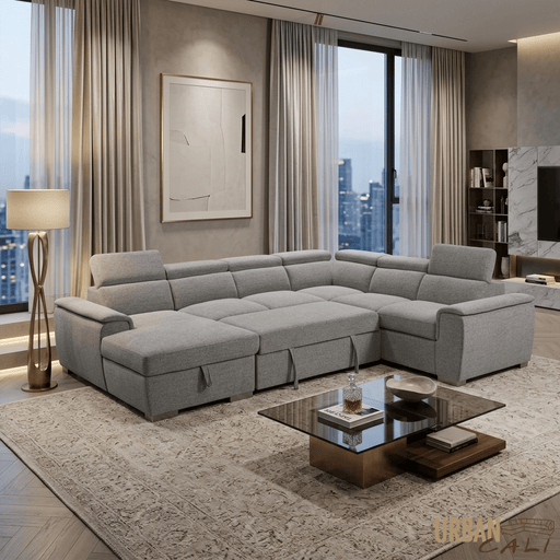 Urban Cali Sectional Bel Air 123.5" Wide Large Modular Sleeper Sectional Sofa Bed with Storage Chaise in Thora Stone