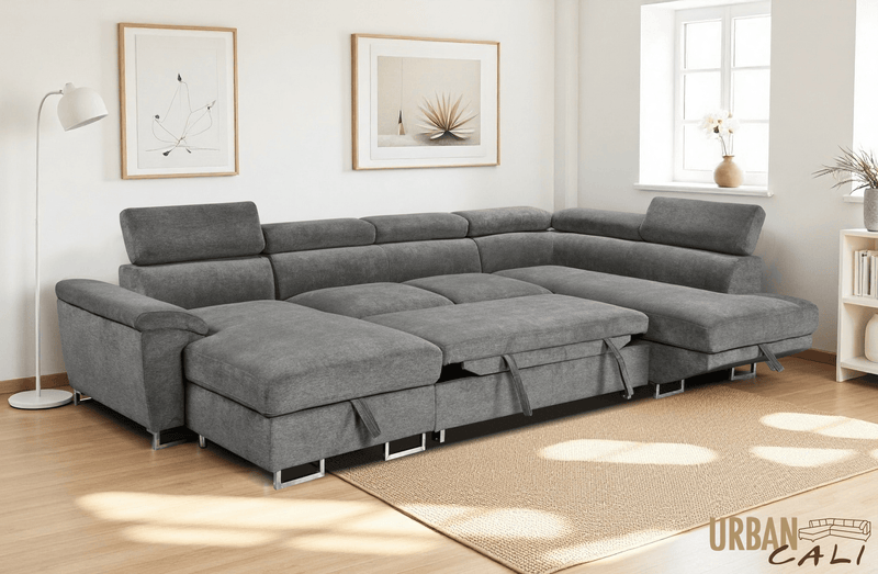 Urban Cali Sectional Burbank 130" Wide Large Sleeper Sectional Sofa Bed with Adjustable Headrests and Storage Chaises in Ulani Ash