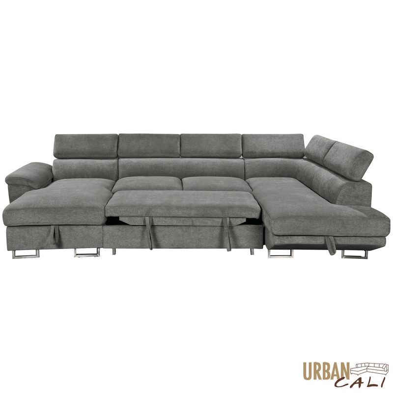 Urban Cali Sectional Burbank 130" Wide Large Sleeper Sectional Sofa Bed with Adjustable Headrests and Storage Chaises in Ulani Ash