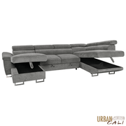 Urban Cali Sectional Burbank 130" Wide Large Sleeper Sectional Sofa Bed with Adjustable Headrests and Storage Chaises in Ulani Ash