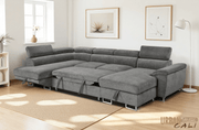 Urban Cali Sectional Burbank 130" Wide Large Sleeper Sectional Sofa Bed with Adjustable Headrests and Storage Chaises in Ulani Ash