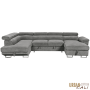 Urban Cali Sectional Burbank 130" Wide Large Sleeper Sectional Sofa Bed with Adjustable Headrests and Storage Chaises in Ulani Ash