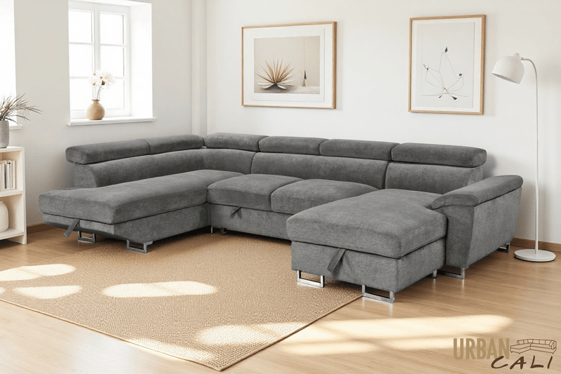 Urban Cali Sectional Burbank 130" Wide Large Sleeper Sectional Sofa Bed with Adjustable Headrests and Storage Chaises in Ulani Ash