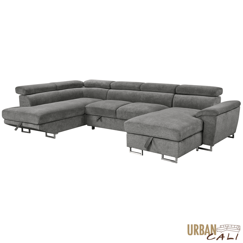 Urban Cali Sectional Burbank 130" Wide Large Sleeper Sectional Sofa Bed with Adjustable Headrests and Storage Chaises in Ulani Ash