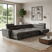 Urban Cali Sectional Burbank 130" Wide Large Sleeper Sectional Sofa Bed with Adjustable Headrests and Storage Chaises in Ulani Ash