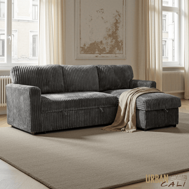 Urban Cali Sectional Calabasas Minky Corduroy 89.5" Wide Reversible Sleeper Sectional Sofa Bed with Storage Chaise - Available in 2 Colours