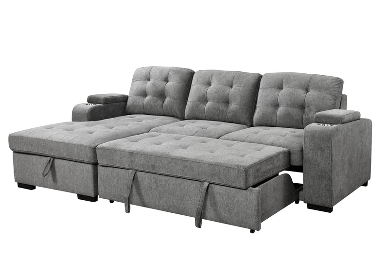 Urban Cali Sectional Left Facing Chaise Avila 98.5" Wide Sleeper Sectional Sofa Bed with Cupholders and Storage Chaise in Ulani Ash