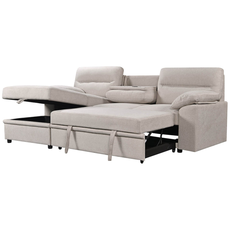 Urban Cali Sectional Left Facing Chaise / Belfast Beige Malibu 94.5" Wide Sleeper Sectional Sofa Bed with Pull Down Tray, Cupholders Wireless Charger and Storage Chaise - Available in 2 Colours