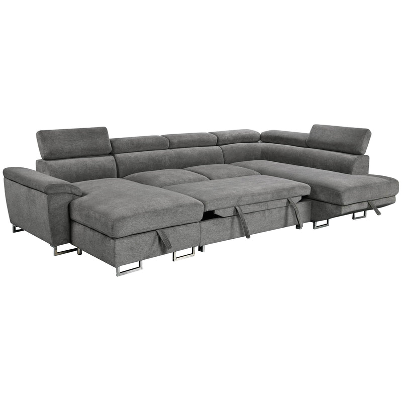 Urban Cali Sectional Left Facing Chaise Burbank 130" Wide Large Sleeper Sectional Sofa Bed with Adjustable Headrests and Storage Chaises in Ulani Ash