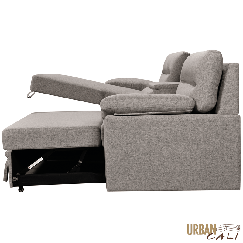 Urban Cali Sectional Malibu 94.5" Wide Sleeper Sectional Sofa Bed with Pull Down Tray, Cupholders Wireless Charger and Storage Chaise - Available in 2 Colours