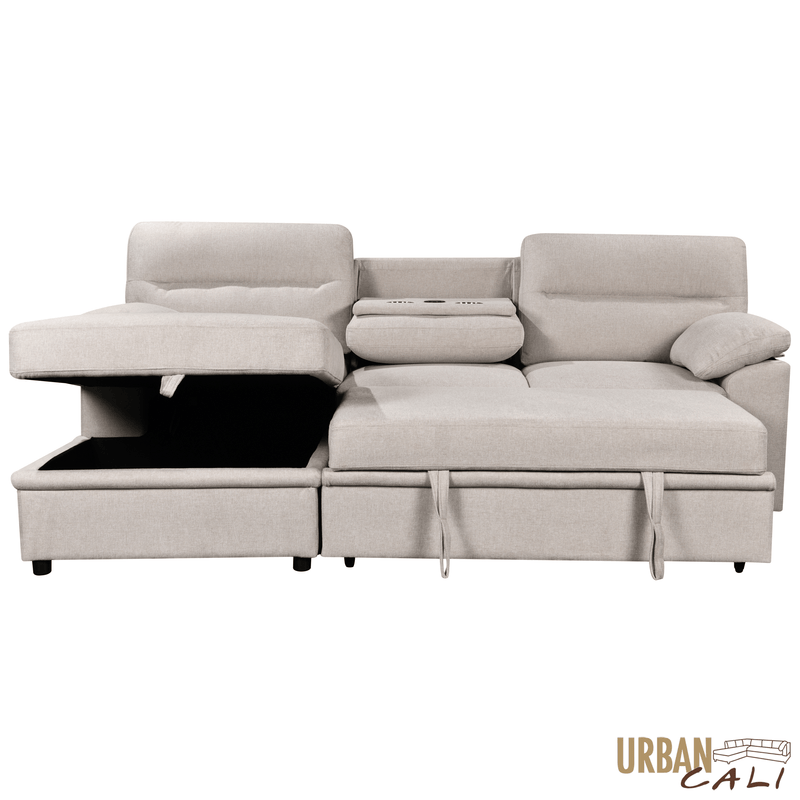 Urban Cali Sectional Malibu 94.5" Wide Sleeper Sectional Sofa Bed with Pull Down Tray, Cupholders Wireless Charger and Storage Chaise - Available in 2 Colours
