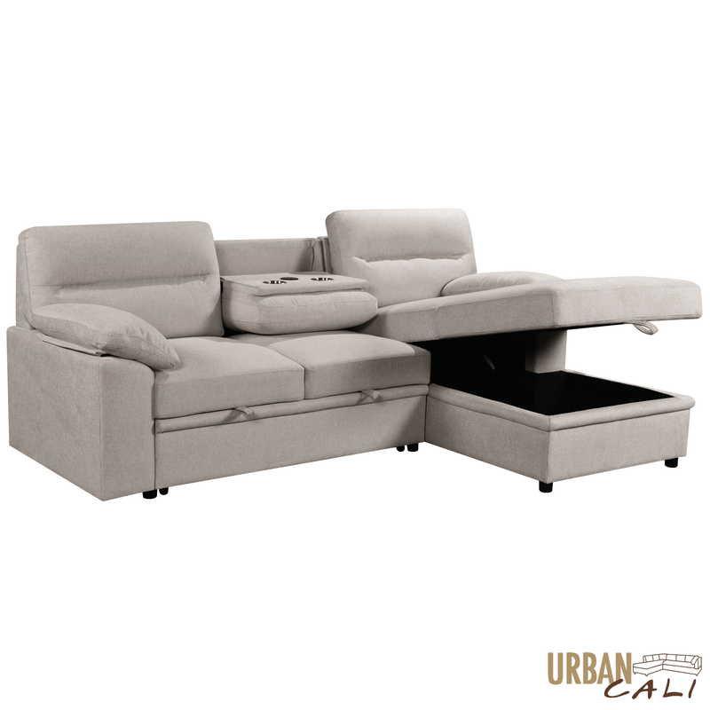 Urban Cali Sectional Malibu 94.5" Wide Sleeper Sectional Sofa Bed with Pull Down Tray, Cupholders Wireless Charger and Storage Chaise - Available in 2 Colours