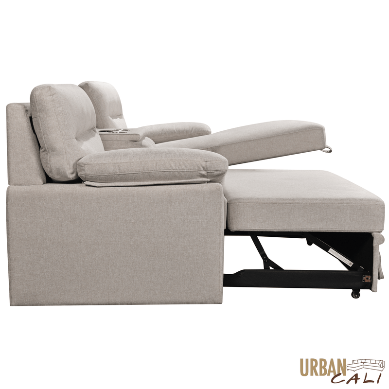 Urban Cali Sectional Malibu 94.5" Wide Sleeper Sectional Sofa Bed with Pull Down Tray, Cupholders Wireless Charger and Storage Chaise - Available in 2 Colours
