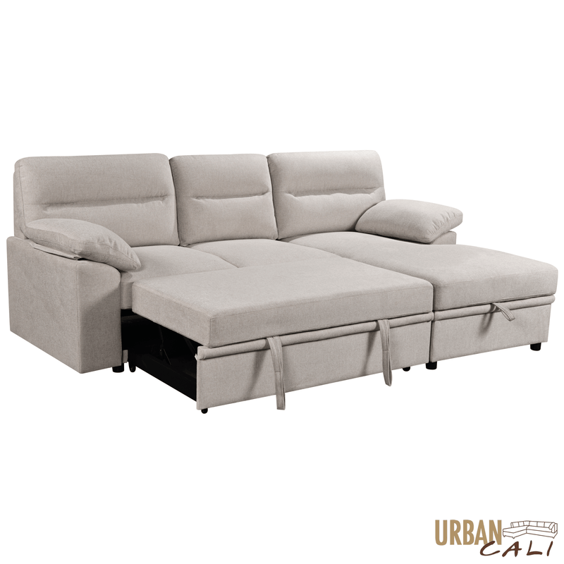 Urban Cali Sectional Malibu 94.5" Wide Sleeper Sectional Sofa Bed with Pull Down Tray, Cupholders Wireless Charger and Storage Chaise - Available in 2 Colours