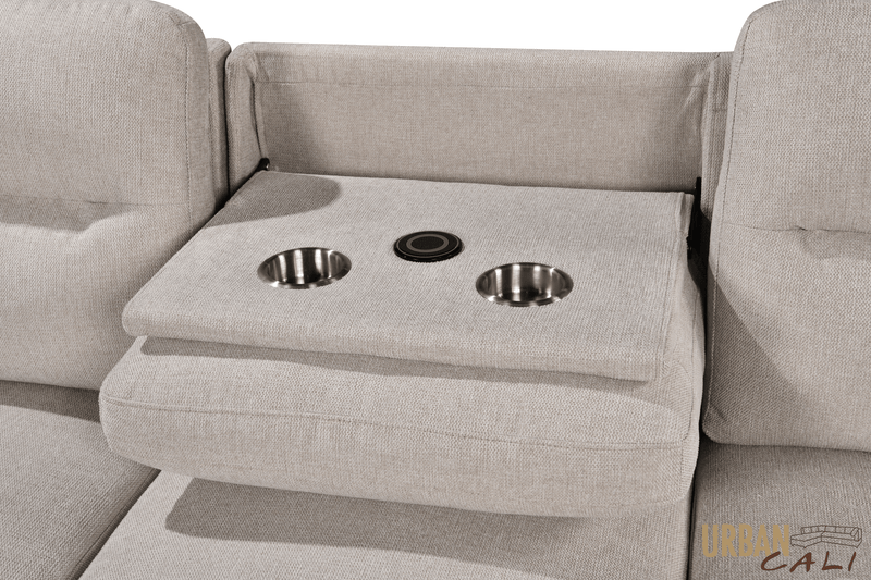 Urban Cali Sectional Malibu 94.5" Wide Sleeper Sectional Sofa Bed with Pull Down Tray, Cupholders Wireless Charger and Storage Chaise - Available in 2 Colours