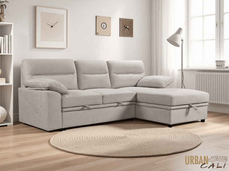 Urban Cali Sectional Malibu 94.5" Wide Sleeper Sectional Sofa Bed with Pull Down Tray, Cupholders Wireless Charger and Storage Chaise - Available in 2 Colours