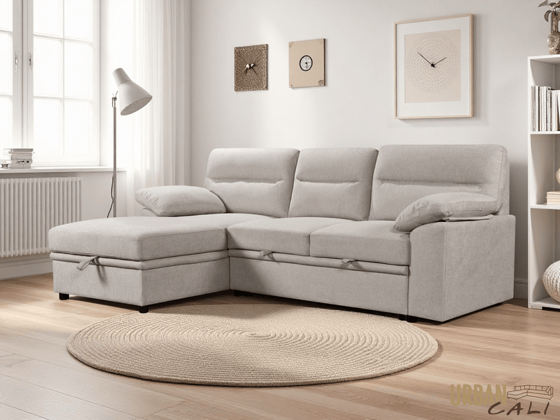 Urban Cali Sectional Malibu 94.5" Wide Sleeper Sectional Sofa Bed with Pull Down Tray, Cupholders Wireless Charger and Storage Chaise - Available in 2 Colours