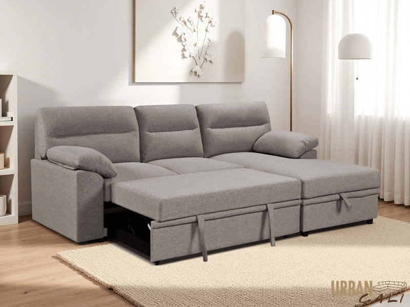 Urban Cali Sectional Malibu 94.5" Wide Sleeper Sectional Sofa Bed with Pull Down Tray, Cupholders Wireless Charger and Storage Chaise - Available in 2 Colours