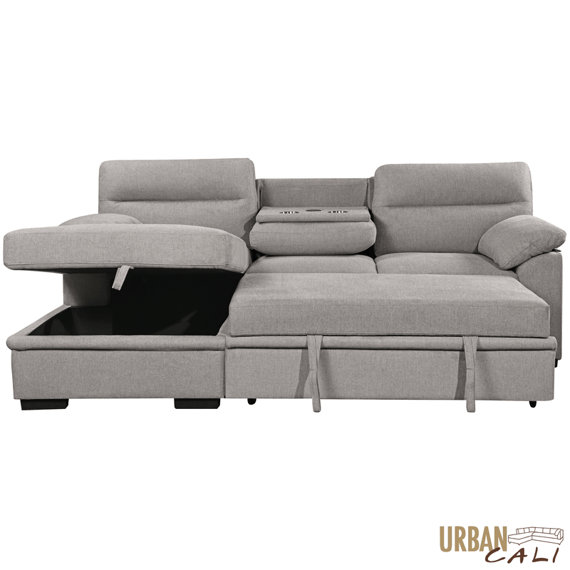 Urban Cali Sectional Malibu 94.5" Wide Sleeper Sectional Sofa Bed with Pull Down Tray, Cupholders Wireless Charger and Storage Chaise - Available in 2 Colours