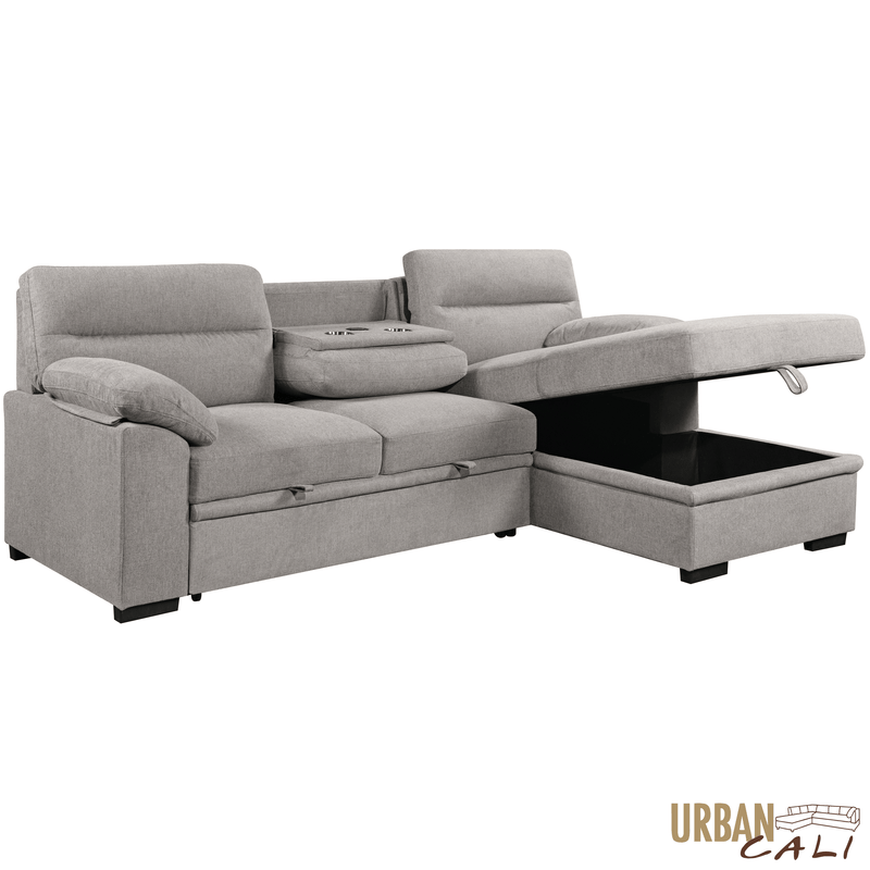 Urban Cali Sectional Malibu 94.5" Wide Sleeper Sectional Sofa Bed with Pull Down Tray, Cupholders Wireless Charger and Storage Chaise - Available in 2 Colours