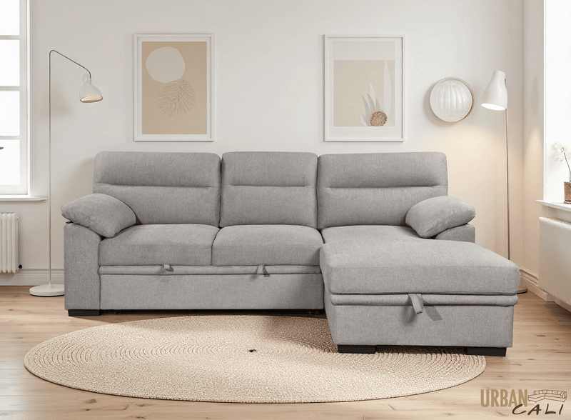 Urban Cali Sectional Malibu 94.5" Wide Sleeper Sectional Sofa Bed with Pull Down Tray, Cupholders Wireless Charger and Storage Chaise - Available in 2 Colours