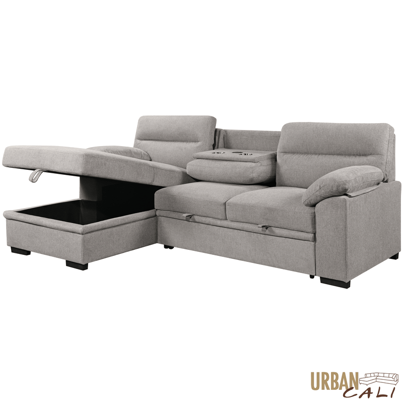Urban Cali Sectional Malibu 94.5" Wide Sleeper Sectional Sofa Bed with Pull Down Tray, Cupholders Wireless Charger and Storage Chaise - Available in 2 Colours