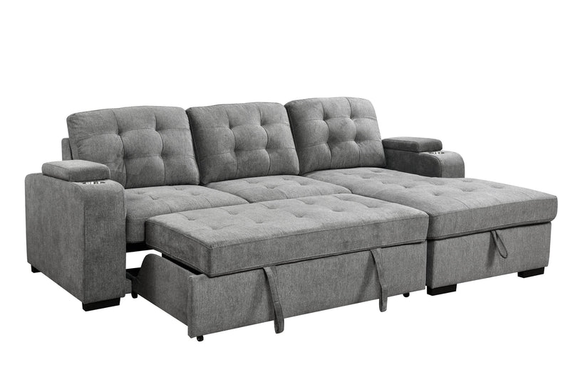 Urban Cali Sectional Right Facing Chaise Avila 98.5" Wide Sleeper Sectional Sofa Bed with Cupholders and Storage Chaise in Ulani Ash