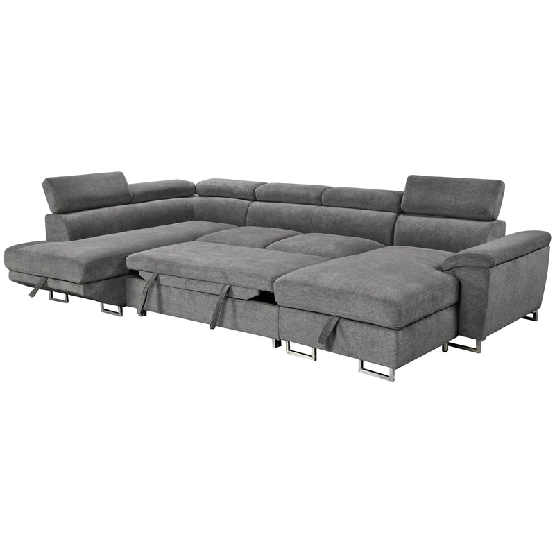 Urban Cali Sectional Right Facing Chaise Burbank 130" Wide Large Sleeper Sectional Sofa Bed with Adjustable Headrests and Storage Chaises in Ulani Ash