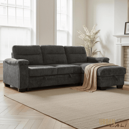 Urban Cali Sectional Savio 96" Wide Sleeper Sectional Sofa Bed with Reversible Storage Chaise in Bev Slate