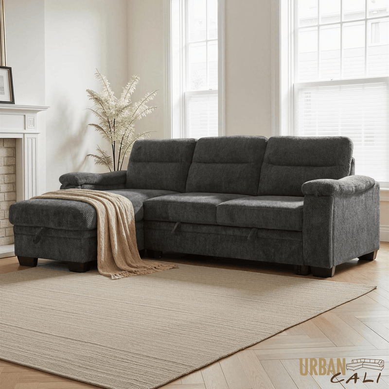 Urban Cali Sectional Savio 96" Wide Sleeper Sectional Sofa Bed with Reversible Storage Chaise in Bev Slate