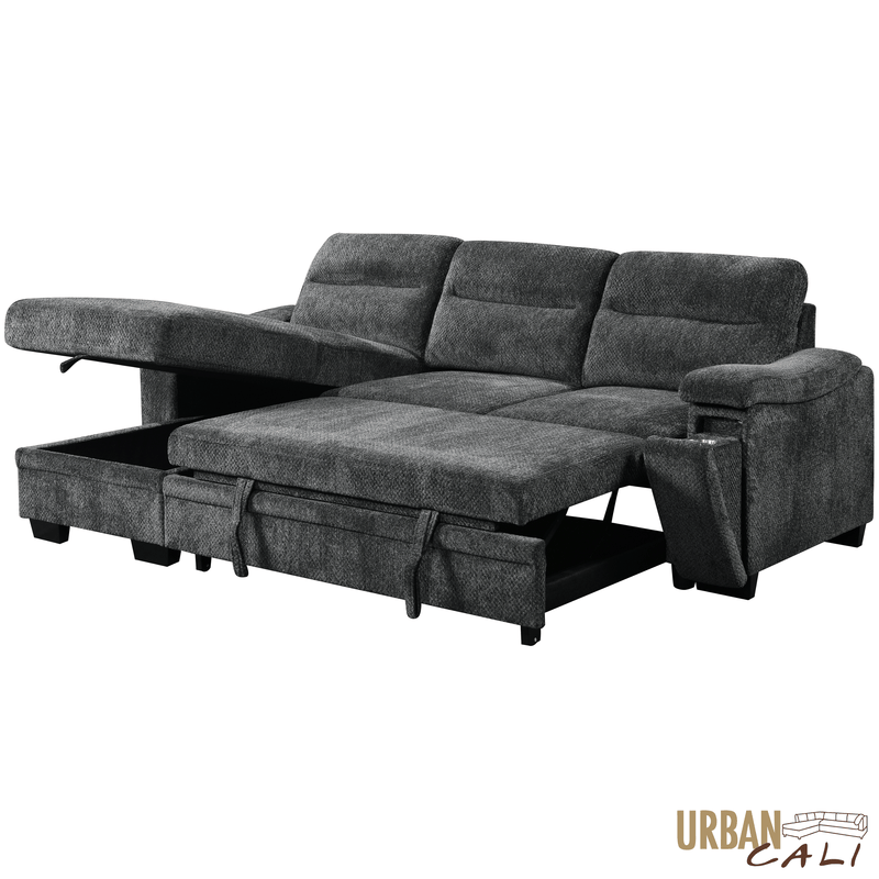Urban Cali Sectional Savio 96" Wide Sleeper Sectional Sofa Bed with Reversible Storage Chaise in Bev Slate