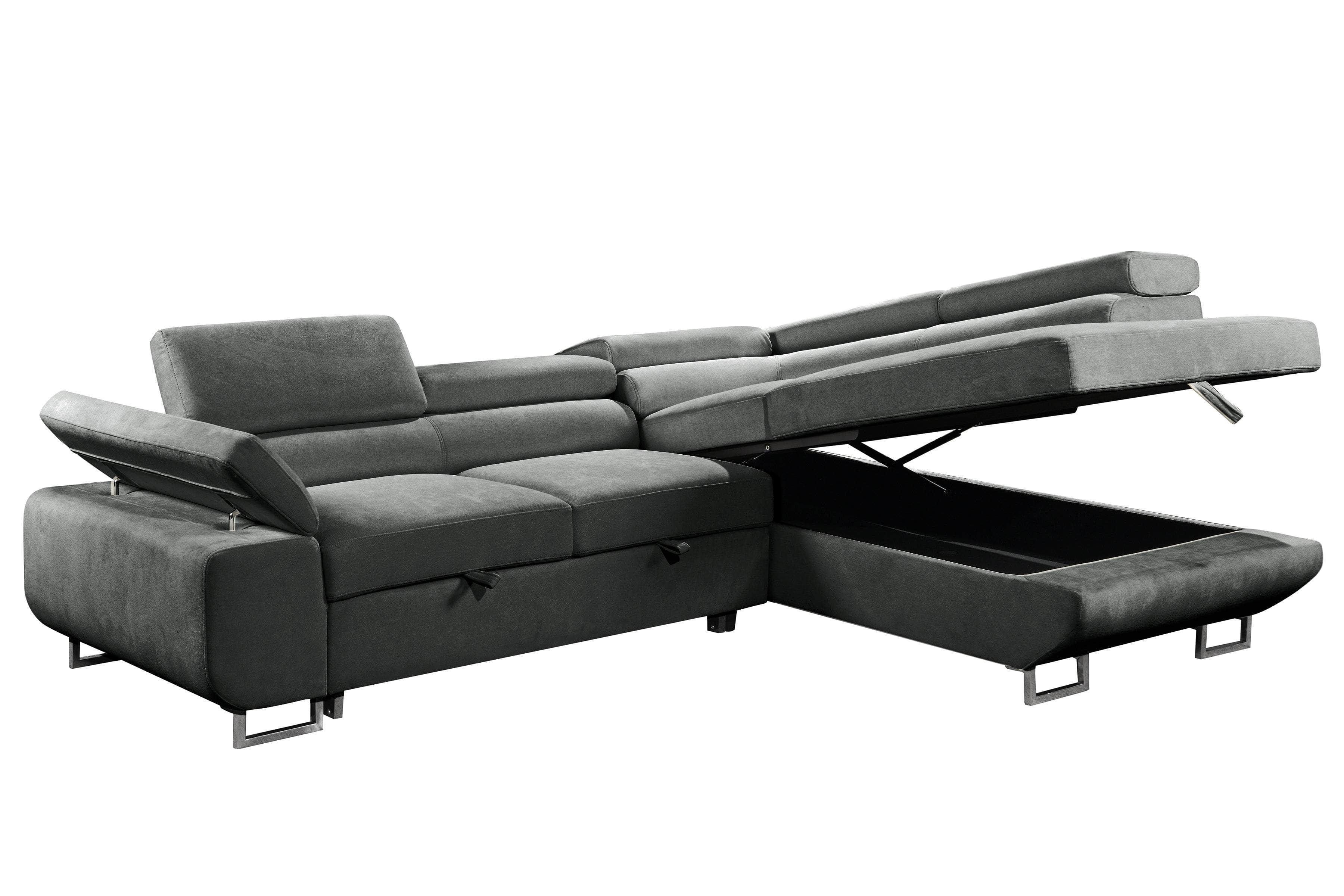 Urban Cali Sectional Sofa Ash / Right Facing Chaise Hollywood Sleeper Sectional Sofa Bed with Adjustable Headrests and Storage Chaise - Available in 2 Colours