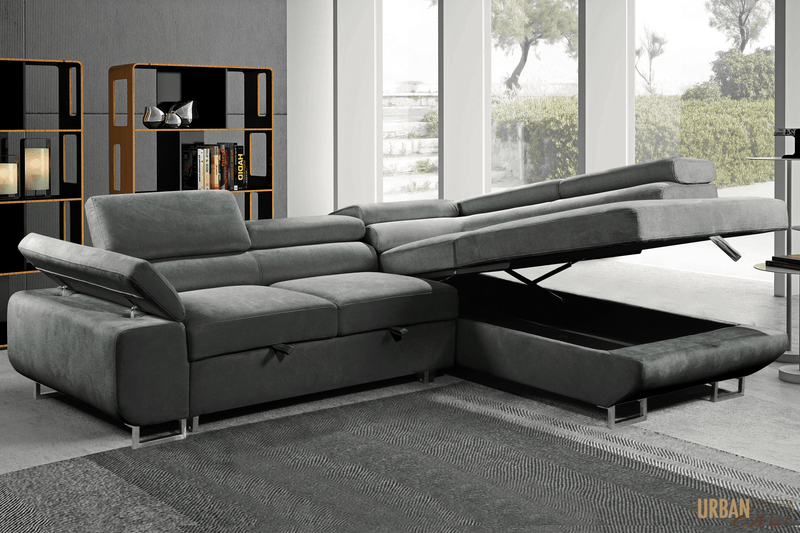 Urban Cali Sectional Sofa Hollywood Sleeper Sectional Sofa Bed with Adjustable Headrests and Storage Chaise in Ulani Cream