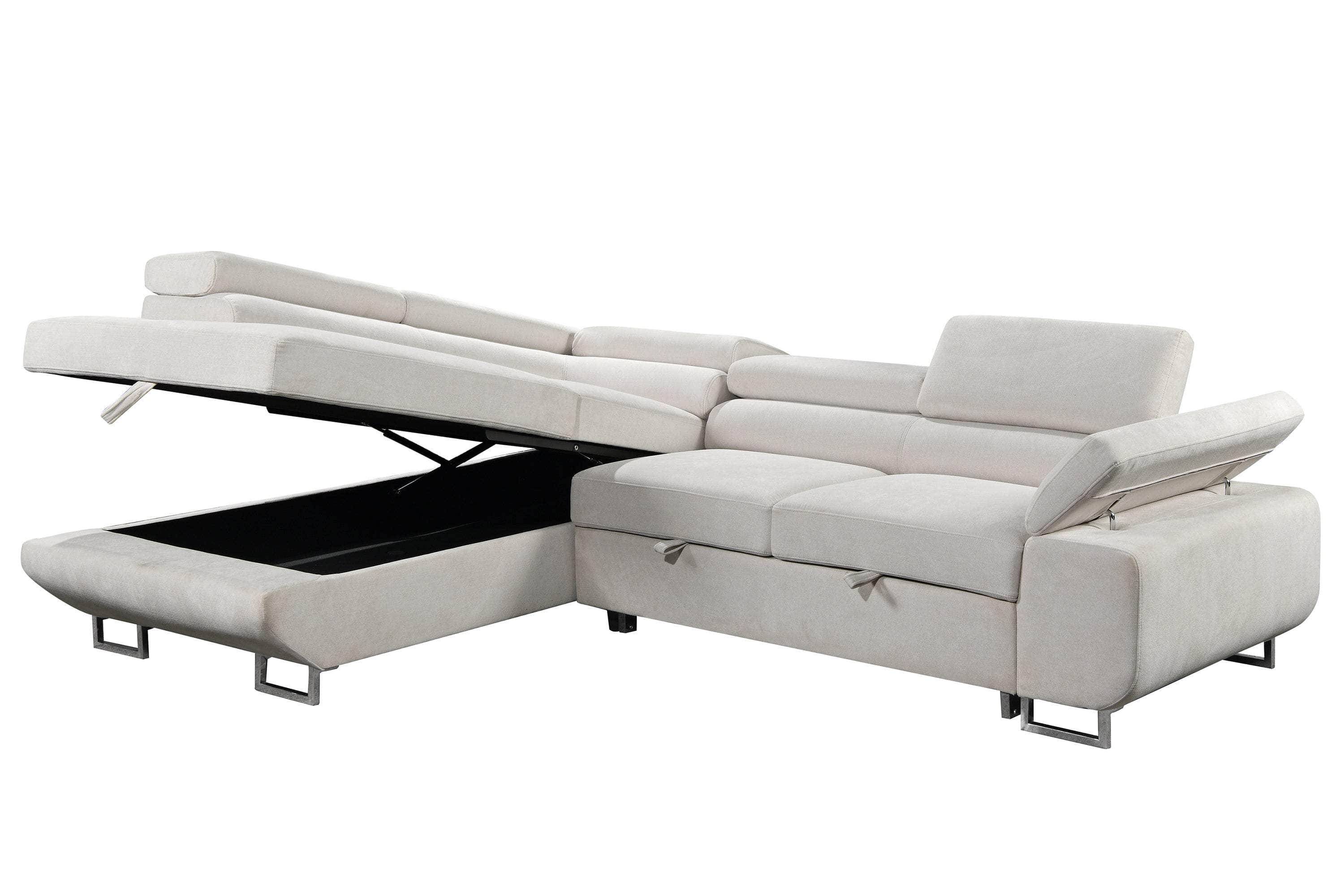 Urban Cali Sectional Sofa Left Facing Chaise Hollywood Sleeper Sectional Sofa Bed with Adjustable Headrests and Storage Chaise in Ulani Cream