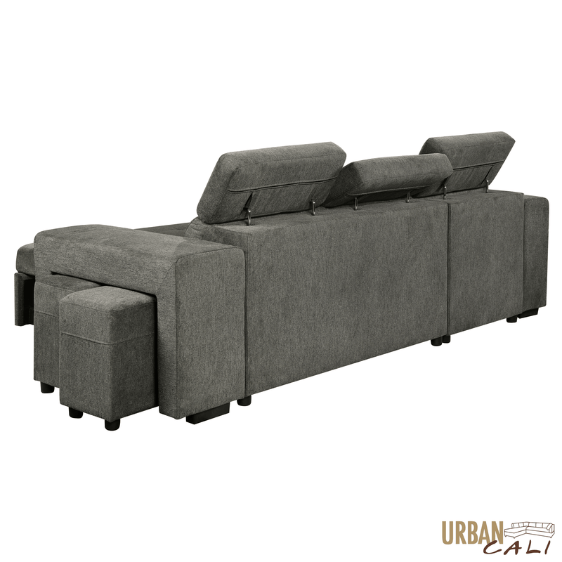 Urban Cali Sectional Sonoma 103.5" Wide Sleeper Sectional Sofa Bed with Reversible Storage Chaise and 2 Stools - Available in 2 Colours