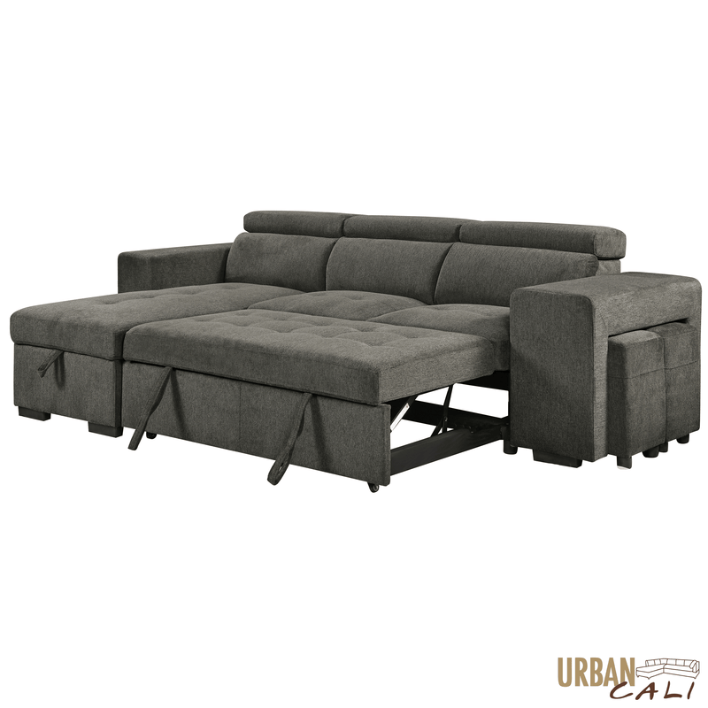 Urban Cali Sectional Sonoma 103.5" Wide Sleeper Sectional Sofa Bed with Reversible Storage Chaise and 2 Stools - Available in 2 Colours