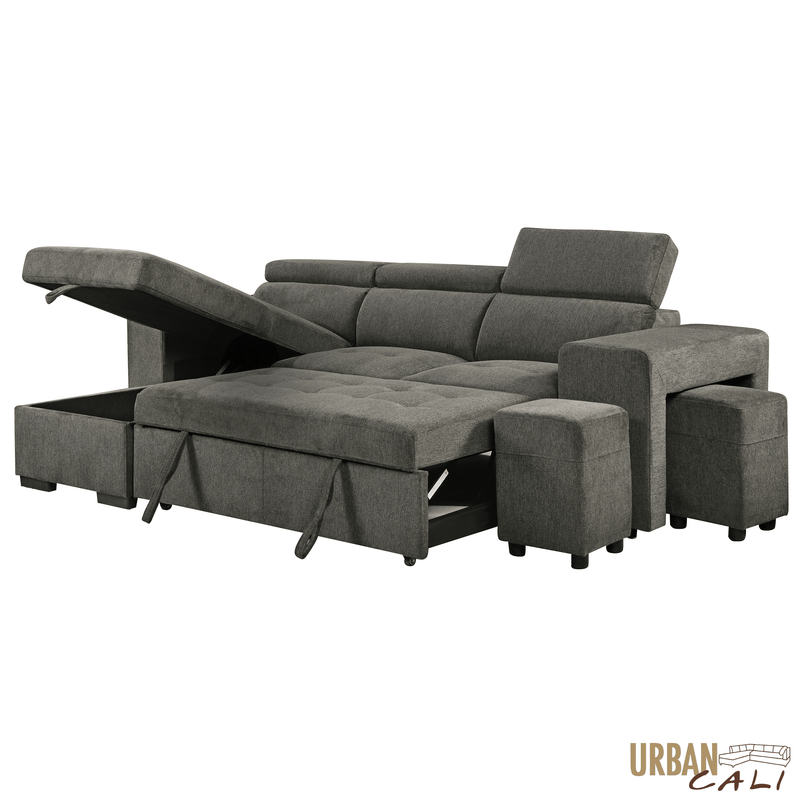 Urban Cali Sectional Sonoma 103.5" Wide Sleeper Sectional Sofa Bed with Reversible Storage Chaise and 2 Stools - Available in 2 Colours