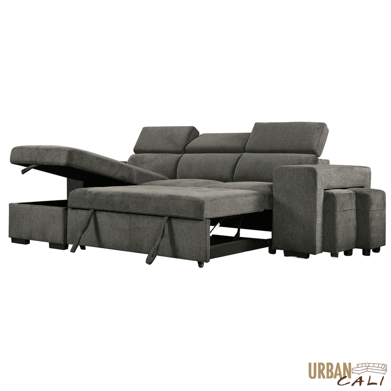 Urban Cali Sectional Sonoma 103.5" Wide Sleeper Sectional Sofa Bed with Reversible Storage Chaise and 2 Stools - Available in 2 Colours
