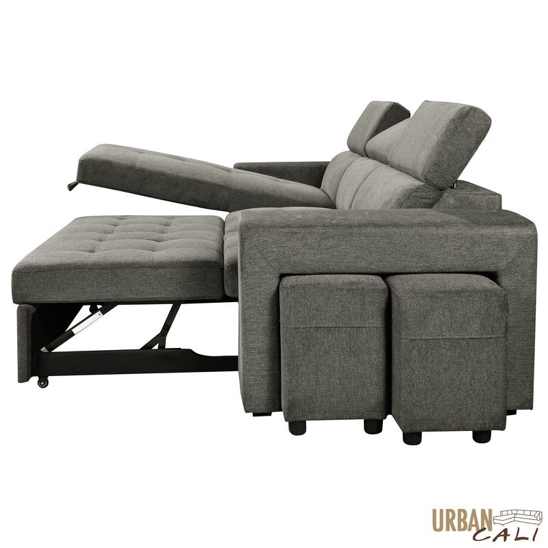 Urban Cali Sectional Sonoma 103.5" Wide Sleeper Sectional Sofa Bed with Reversible Storage Chaise and 2 Stools - Available in 2 Colours