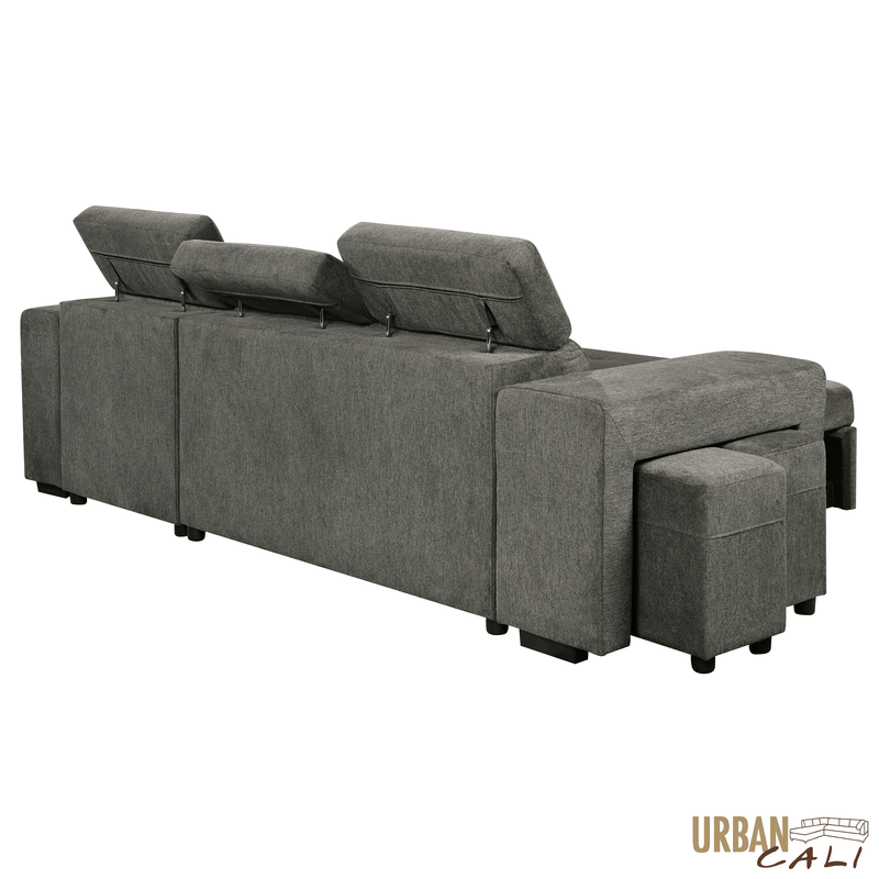 Urban Cali Sectional Sonoma 103.5" Wide Sleeper Sectional Sofa Bed with Reversible Storage Chaise and 2 Stools - Available in 2 Colours