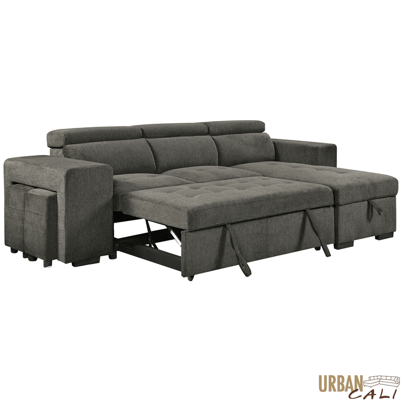Urban Cali Sectional Sonoma 103.5" Wide Sleeper Sectional Sofa Bed with Reversible Storage Chaise and 2 Stools - Available in 2 Colours