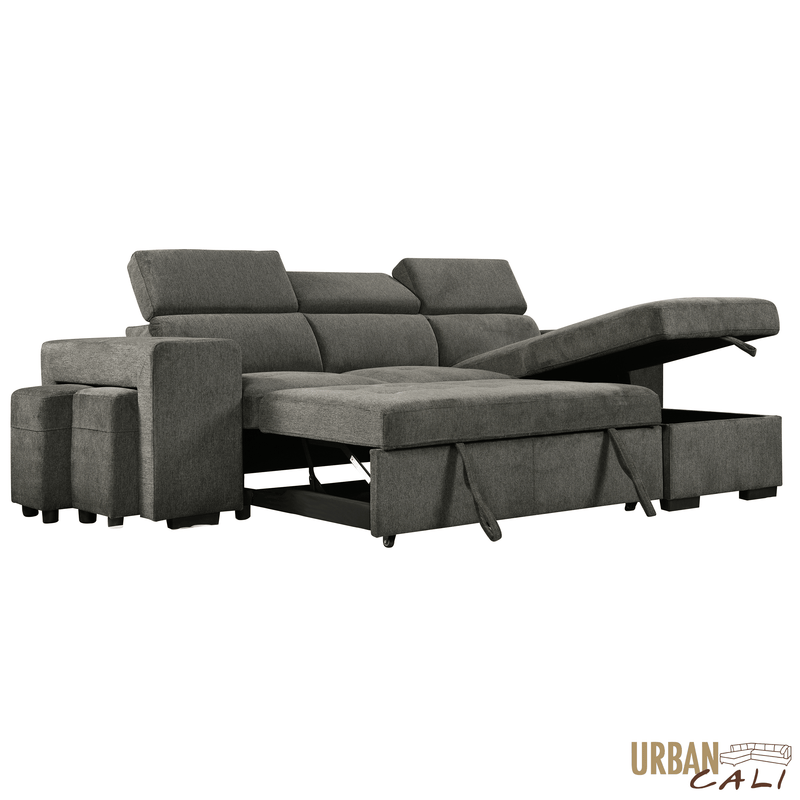 Urban Cali Sectional Sonoma 103.5" Wide Sleeper Sectional Sofa Bed with Reversible Storage Chaise and 2 Stools - Available in 2 Colours
