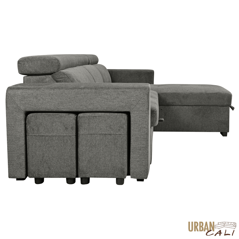 Urban Cali Sectional Sonoma 103.5" Wide Sleeper Sectional Sofa Bed with Reversible Storage Chaise and 2 Stools - Available in 2 Colours